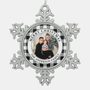 Trendy Schwarz und Weiß Kariert frohe Weihnachten Schneeflocken Zinn-Ornament