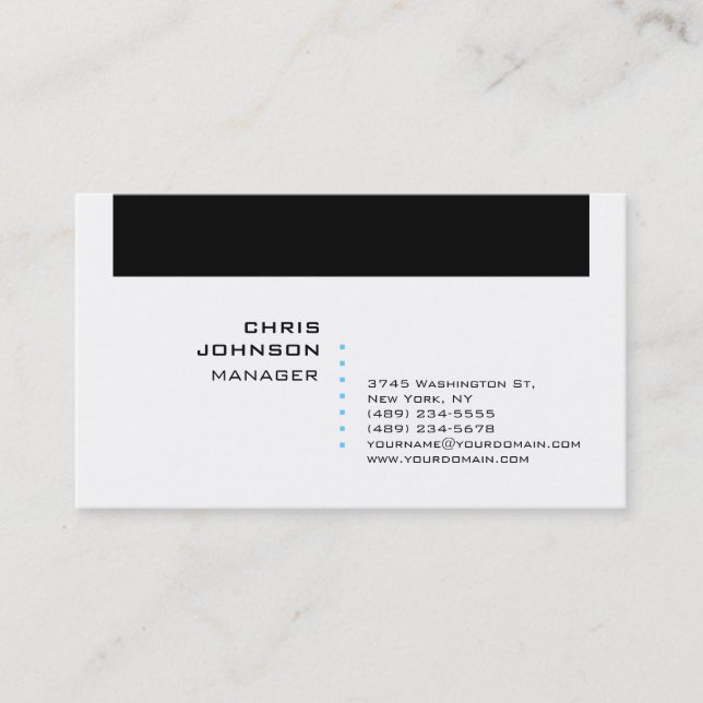 Trendy Schwarz-weiß Blue Manager Business Card Visitenkarte (Vorderseite)