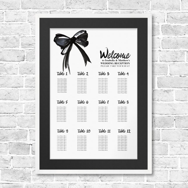 Trendy Schwarz-weiß Bow Chic Wedding Seating Chart Poster (Trendy Black and White Bow Chic Wedding Seating Chart Plan Template watercolor elegant simple script)