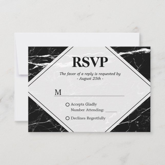 Trendy Schwarz-weiß Marble Wedding RSVP (Vorderseite)