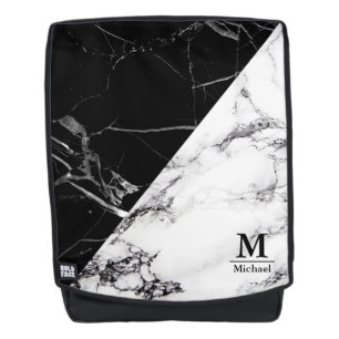 Trendy Schwarz-weiß Marbour Texture Monogram Name Rucksack