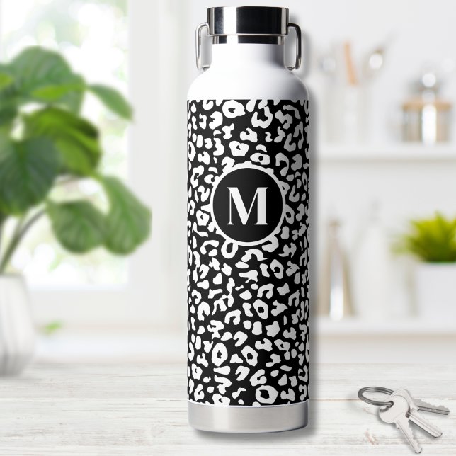 Trendy Schwarz-weiß Monogram Trinkflasche (Black Leopard Monogram Water Bottle)