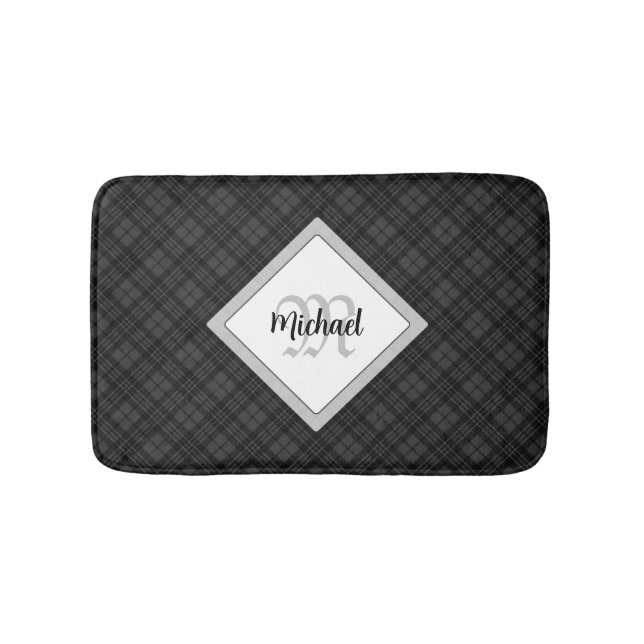 Trendy Schwarz-weiß tartan Personalize Monogram Badematte (Vorderseite)