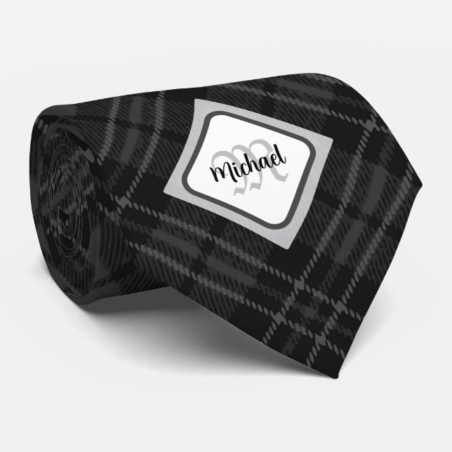 Trendy Schwarz-weiß tartan Personalize Monogram Krawatte (Gerollt)