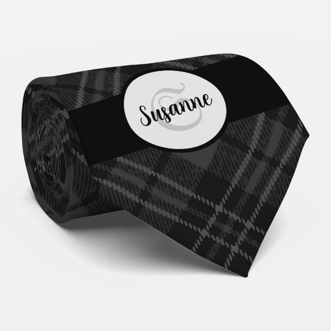Trendy Schwarz-weiß tartan Personalize Monogram Krawatte (Gerollt)