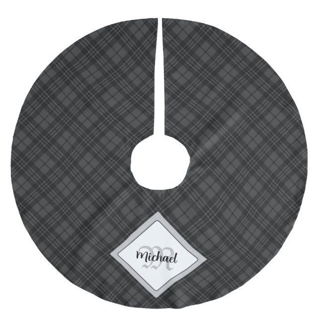 Trendy Schwarz-weiß tartan Personalize Monogram Polyester Weihnachtsbaumdecke (Vorderseite)