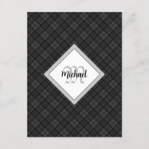 Trendy Schwarz-weiß tartan Personalize Monogram Postkarte