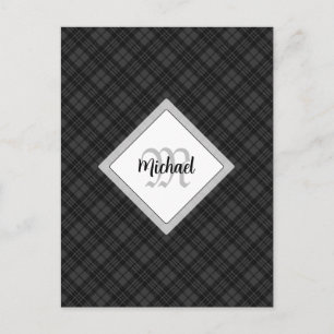 Trendy Schwarz-weiß tartan Personalize Monogram Postkarte