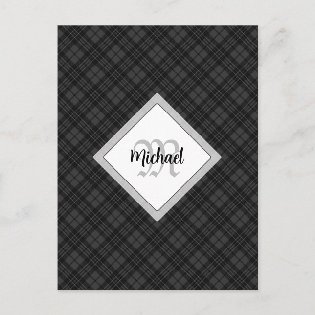 Trendy Schwarz-weiß tartan Personalize Monogram Postkarte (Vorderseite)