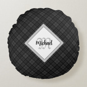 Trendy Schwarz-weiß tartan Personalize Monogram Rundes Kissen