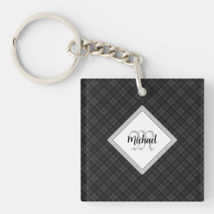 Trendy Schwarz-weiß tartan Personalize Monogram Schlüsselanhänger