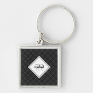 Trendy Schwarz-weiß tartan Personalize Monogram Schlüsselanhänger