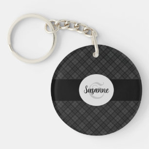 Trendy Schwarz-weiß tartan Personalize Monogram Schlüsselanhänger