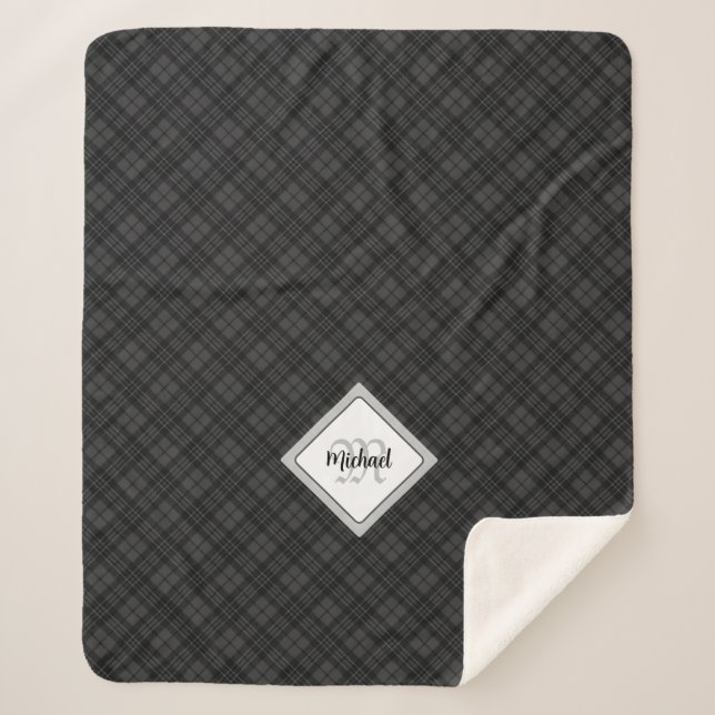 Trendy Schwarz-weiß tartan Personalize Monogram Sherpadecke (Vorderseite)