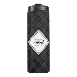 Trendy Schwarz-weiß tartan Personalize Monogram Thermosbecher