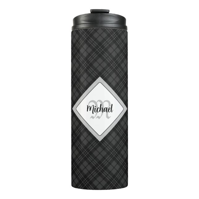 Trendy Schwarz-weiß tartan Personalize Monogram Thermosbecher (Vorderseite)