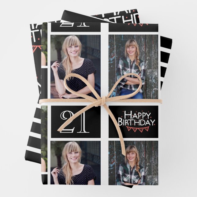 Trendy Schwarz-weiße FotoCollage 21. Geburtstag Geschenkpapier Set (Beispiel)