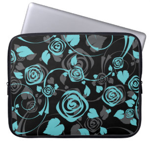 Trendy schwarze u. blaue BlumenRosen-Laptop-Hülse Laptopschutzhülle
