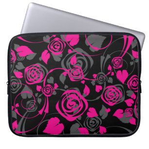 Trendy schwarze u. rosa BlumenRosen-Laptop-Hülse Laptopschutzhülle