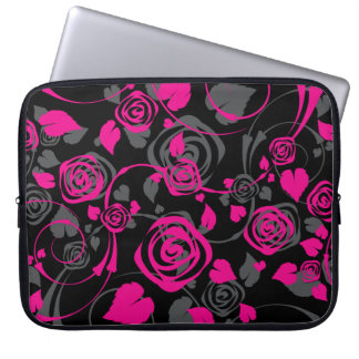 Trendy schwarze u. rosa BlumenRosen-Laptop-Hülse Laptopschutzhülle