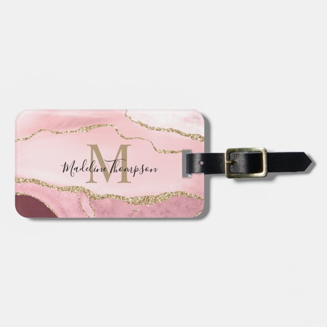 Trendy Script Blush Pink Agate Geode Gold Monogram Gepäckanhänger (Vorderseite horizontal)