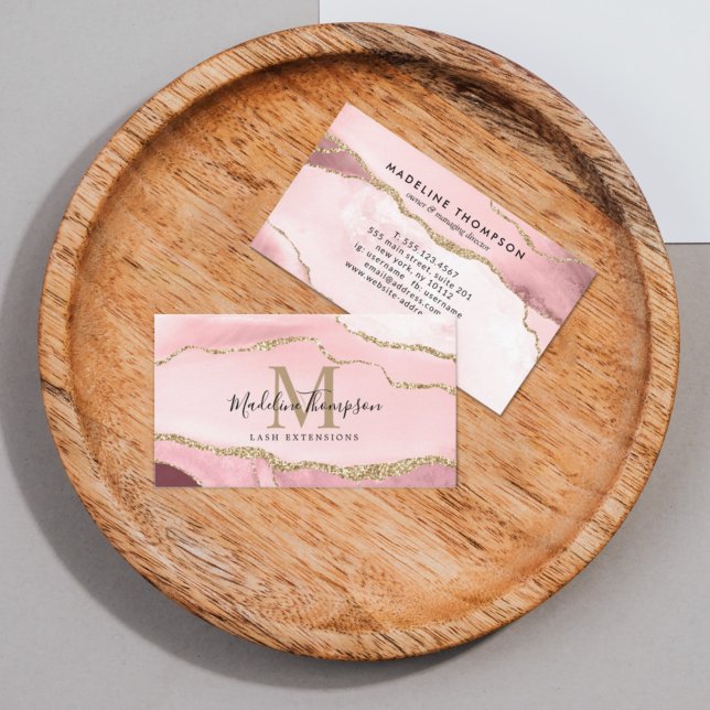 Trendy Script Blush Pink Agate Geode Gold Monogram Visitenkarte (Von Creator hochgeladen)