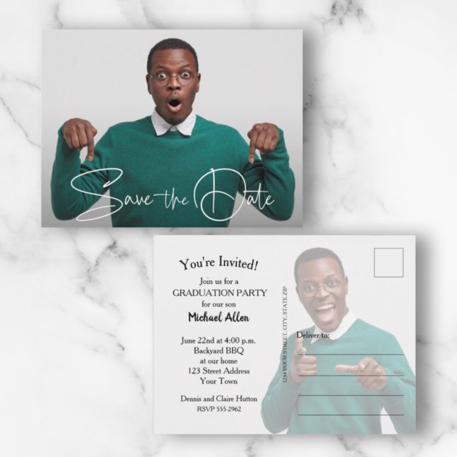 Trendy Script Foto Abschluss Save the Date Postkarte (Von Creator hochgeladen)