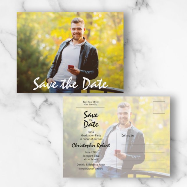 Trendy Script Foto Abschluss Save the Date Postkarte (Von Creator hochgeladen)