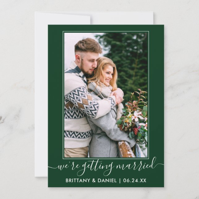 Trendy Script Getried Forest Green Save The Date (Vorderseite)