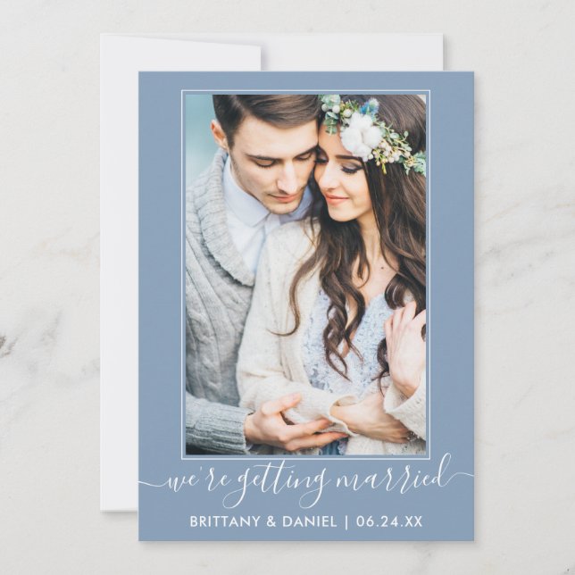 Trendy Script Getting Married Dusty Blue Save The Date (Vorderseite)