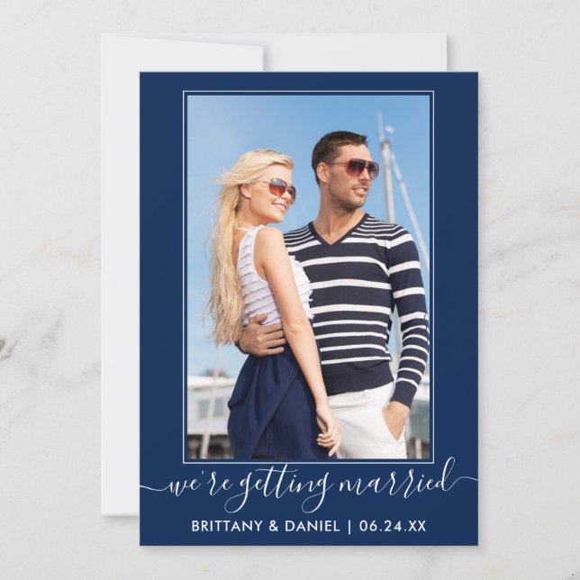 Trendy Script Getting Married Navy Blue Save The Date (Vorderseite)