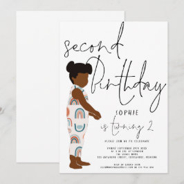 Trendy Script Girl Dark Hair Rainbows 2. Geburtsta Einladung