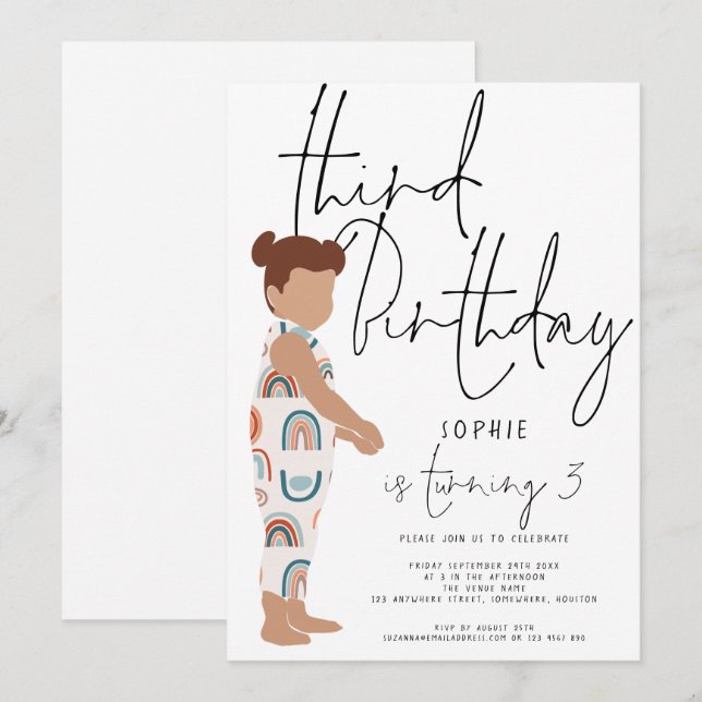 Trendy Script Girl Rainbows Cool Kids 3. Geburtsta Einladung (Vorne/Hinten)