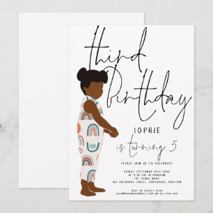 Trendy Script Girl Rainbows Dark Hair 3. Geburtsta Einladung