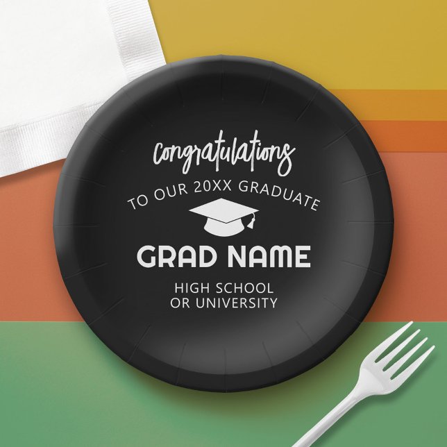 Trendy Script Graduation Party - Black Pappteller (Custom Graduation Paper Plate)