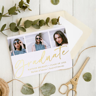 Trendy Script Minimalistisch 3 Foto Abschluss Real Folieneinladung