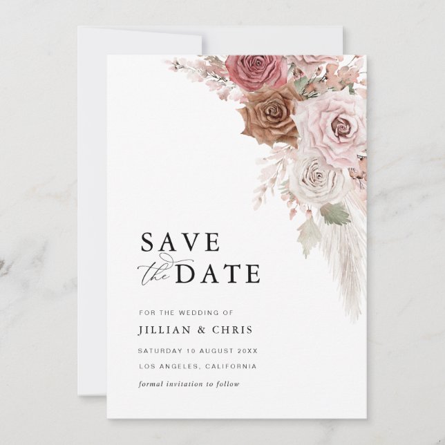 trendy script pampas staubig pink Save the Date ca Einladung (Vorderseite)