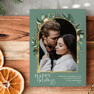 Trendy Script Sage Greenery Gold Arch Foto Feiertagskarte