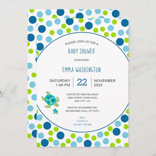 Trendy Sea Turtle Baby Dusche blaue grüne Punkte Einladung (Vorne/Hinten)