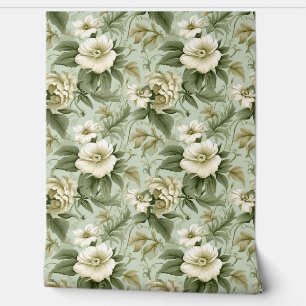 Trendy Shabby Chic Blumengrün und Elfenbein Rose Tapete