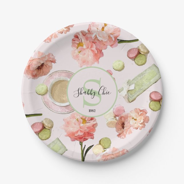 Trendy Shabby Chic Peonies and Macarons Set Pappteller (Vorderseite)