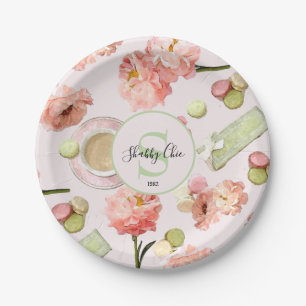 Trendy Shabby Chic-Pfingstrosen und Macarons Set Pappteller