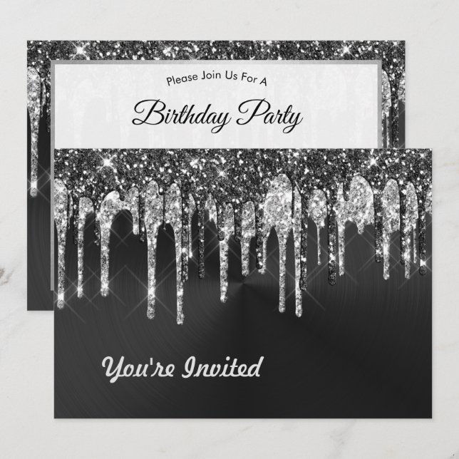 Trendy Silver Black Glitzer Tropfen Graphic Birthd Einladung (Vorne/Hinten)