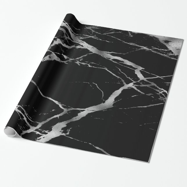 Trendy Silver Black Marble Glossy Geschenkpapier (Ungerollt)
