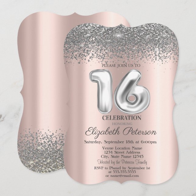 Trendy Silver Diamonds Rose Gold Sweet 16 Einladung (Vorne/Hinten)