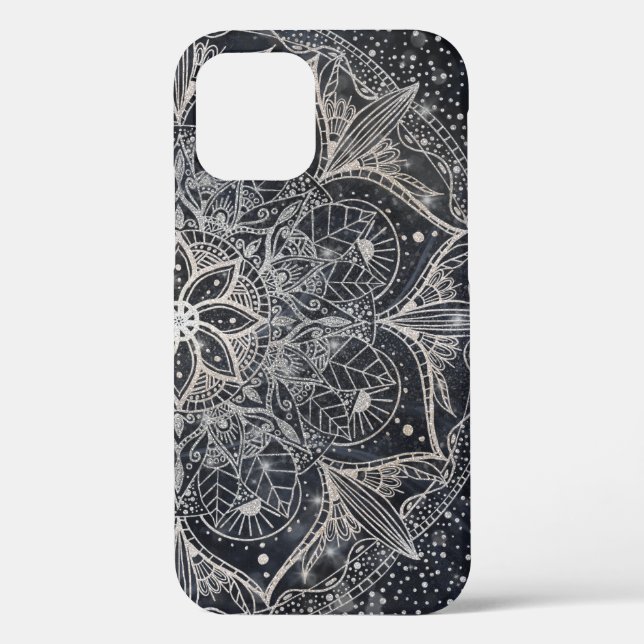 Trendy Silver Floral Mandala Blue Marmor Design Case-Mate iPhone Hülle (Rückseite)