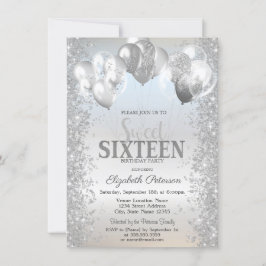 Trendy Silver Glitzer Confetti Balloons Sweet 16 Einladung