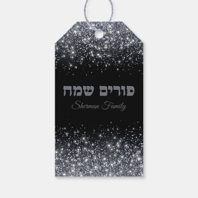 Trendy Silver Glitzer Hebrew Happy Purim Geschenkanhänger (Vorderseite)