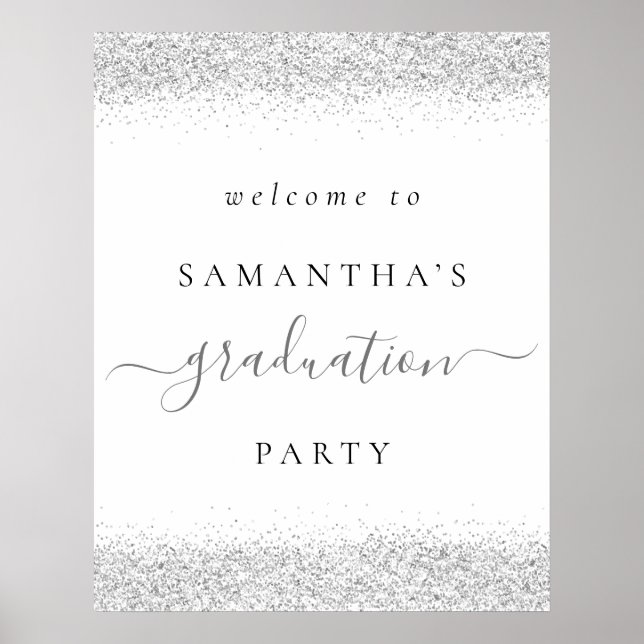 Trendy Silver Glitzer Welcome Graduation Party Poster (Vorne)