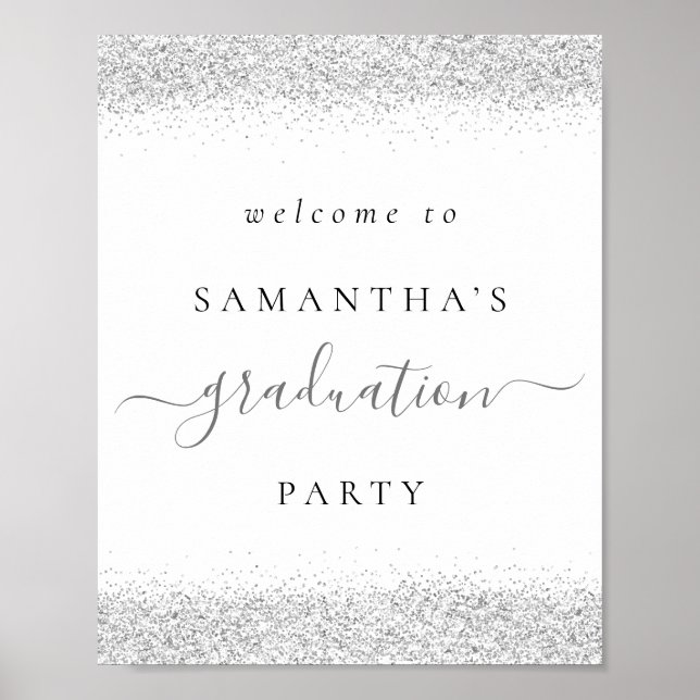 Trendy Silver Glitzer Welcome Graduation Party Poster (Vorne)